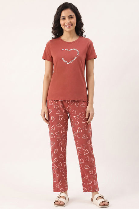 Zivame Knit Cotton Pyjama Set - Burnt Brick — image 2